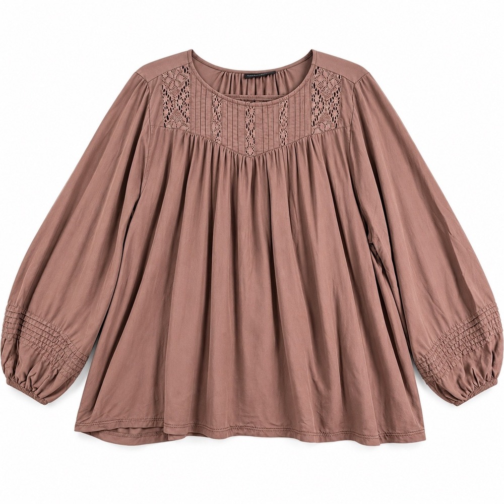 Lane Bryant Blouse Boho Lace Rayon 14/16 Brown Peasant Top